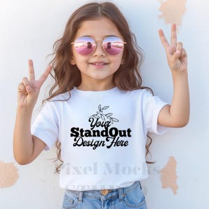 White Bella Canvas 3001Y Tshirt Mockup, Girl&#39;s Tee Modeled Mock-Up, Bella Canvas kids White T-Shirt Mockup, BC 3001Y Youth Trendy Mockup