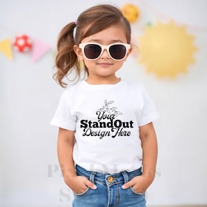Rabbit Skins 3321 White Fine Jersey Tee Toddler Mockup, 3321 Kids T-Shirt Mockup, Trendy Cute Festive Summer Aesthetic Tshirt Girl Mockup