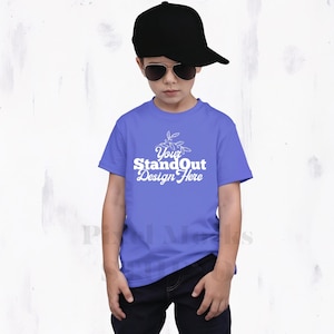 Flo Blue Comfort Colors 9018 Youth Tee Model Mockup, CC9018 T-Shirt Boy Model Mock-up, Trendy CC9018 Kids Shirt Simple Trendy Model Mock