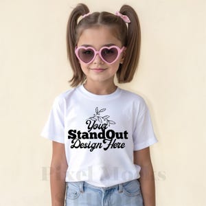 White Gildan 5000B Tshirt Mockup, Girl&#39;s Tee Modeled Mock-Up, Gildan 5000B kids White T-Shirt Mockup, 5000B Youth Trendy Mockup
