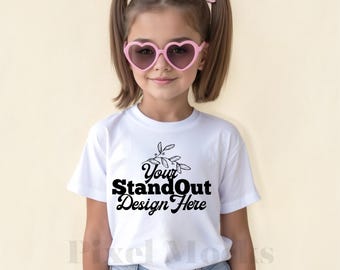 White Gildan 5000B Tshirt Mockup, Girl's Tee Modeled Mock-Up, Gildan 5000B kids White T-Shirt Mockup, 5000B Youth Trendy Mockup