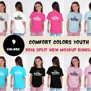 May include: A mockup bundle showcasing Comfort Colors youth t-shirts in nine different colors. Each shirt features the text "StandOut Design Here" on the front and back. The shirts are displayed on young girls.