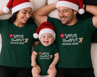 Christmas Family Mockup, Forest Green Bella Canvas 3001 Tshirt 100b Onesie Mockup,Shirt Mom Dad Baby Family Mockup, Family Christmas Mock-Up