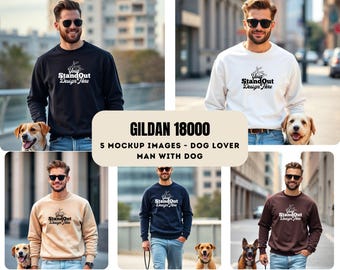Gildan 18000 Mockup Bundle Sweatshirt Male Mockup With Dog Lover, Lifestyle Man With Dog Mockup, Men's Gildan Sweater Mockup Bundle