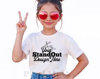 Bella Canvas 3001Y White Tshirt Mockup, Girl's Tee Modeled Mock-Up, Bella Canvas kids White T-Shirt Mockup, BC3001Y Trendy Girl Shirt Mockup