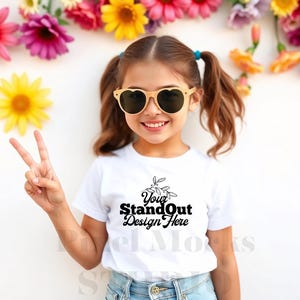 Bella Canvas 3001Y White Youth Tshirt Mockup, Girl&#39;s Tee Modeled Mock-Up, Bella Canvas kids White T-Shirt Mockup BC 3001Y Youth Peace Mockup