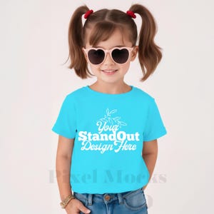 Comfort Colors 9018 Youth Lagoon Blue Tee Model Mockup, CC9018 T-Shirt Girl Model Mock-up, Neutral Minimal Trendy CC9018 Model Mockup
