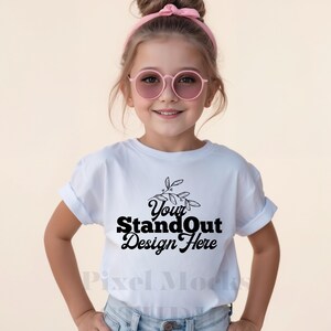 Comfort Colors 9018 Youth White Tee Model Mockup, CC9018 White T-Shirt Girl Model Mock-up, Trendy CC9018 Kids Shirt Simple Trendy Model Mock