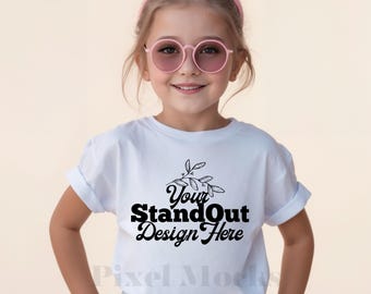 Comfort Colors 9018 Youth White Tee Model Mockup, CC9018 White T-Shirt Girl Model Mock-up, Trendy CC9018 Kids Shirt Simple Trendy Model Mock
