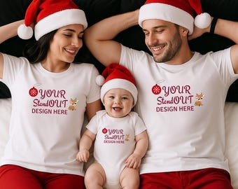 Christmas Family Mockup, White Bella Canvas 3001 Tshirt 100b Onesie Mockup, White Shirt Mom Dad Baby Family Mockup, Family Christmas Mock-Up