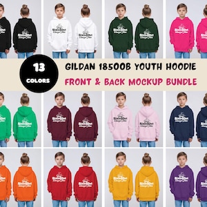 Puede incluir: Maqueta de una sudadera con capucha para jóvenes en 13 colores diferentes. La sudadera con capucha es una Gildan 18500B para jóvenes. La parte delantera y trasera de la sudadera con capucha se muestran en la imagen. La sudadera con capucha es un lienzo en blanco para la personalización.