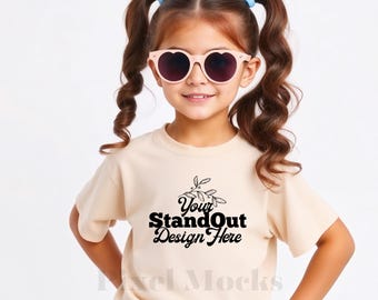 Natural Bella Canvas 3001Y Tshirt Mockup, Girl's Tee Modeled Mock-Up, Bella Canvas kids Beige T-Shirt Mockup, BC 3001Y Youth Trendy Mockup