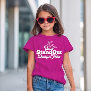 Bella Canvas 3001Y Berry Tshirt Mockup, Girl&#39;s Tee Modeled Mock-Up, Bella Canvas kids Hot Pink T-Shirt Mockup, BC 3001Y Youth Trendy Mockup