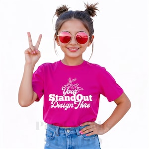 Berry Pink Bella Canvas 3001Y Tshirt Mockup, Girl&#39;s Tee Modeled Mock-Up, Bella Canvas kids Pink T-Shirt Mockup, BC 3001Y Trendy girl Mockup