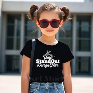 Black Bella Canvas 3001Y Tshirt Mockup, Girl&#39;s Tee Modeled Mock-Up, Bella Canvas kids Black T-Shirt Mockup, BC 3001Y Youth Trendy Mockup