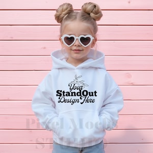 Gildan 18500B White Hoodie Mockup, Youth 18500B Hooded Sweatshirt girl Model Mock-up, Gildan 18500B Hoodie Trendy Minimal Mockup