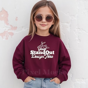 Gildan 18000B Maroon Mockup, Youth 18000B Crewneck Sweatshirt Trendy Model Mockups, G180 Maroon Sweater Girl Mockup Gildan Sweatshirt Mockup