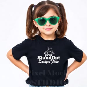 Black Bella Canvas 3001Y Tshirt Mockup, Girl&#39;s Tee Modeled Mock-Up, Bella Canvas kids Black T-Shirt Mockup, BC 3001Y Youth Trendy Model Mock