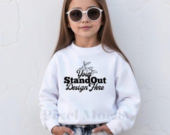 Gildan 18000B White Mockup, Youth 18000B Crewneck Sweatshirt Trendy Model Mockups, G180 White Sweater Girl Mockup, Gildan Sweatshirt Mockup