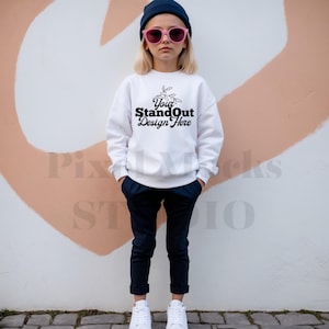 Gildan 18000B White Mockup, Youth 18000B Crewneck Sweatshirt Trendy Model Mockups, G180 White Sweater Girl Mockup, Gildan Sweatshirt Mockup