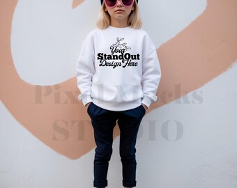 Gildan 18000B White Mockup, Youth 18000B Crewneck Sweatshirt Trendy Model Mockups, G180 White Sweater Girl Mockup, Gildan Sweatshirt Mockup