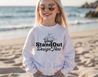 Gildan 18000B White Mockup, Youth 18000B Crewneck Sweatshirt Trendy Model Mockups, G180 White Sweater Girl Mockup, Gildan Sweatshirt Mockup