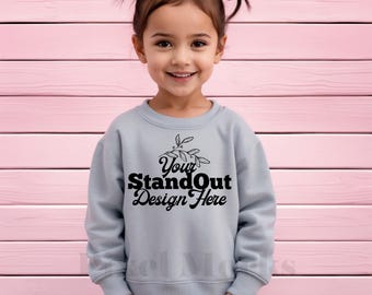 Maqueta de sudadera polar para niños pequeños con piel de conejo gris jaspeado 3317, maqueta de cuello redondo para niños, maqueta de sudadera RS 3317 para niños.