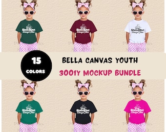 Bella Canvas 3001Y jeugd T-shirt mockup bundel | Model kinder T-shirt meisjesmodel | BC3001Y Bella Canvas T-shirt voor jongeren, trendy mock-uppakket