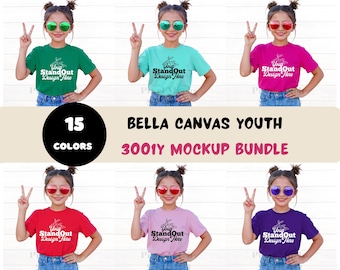 Bella Canvas 3001Y jeugd T-shirt mockup bundel | Model kinder T-shirt meisjesmodel | BC3001Y Bella Canvas T-shirt voor jongeren, trendy mock-uppakket