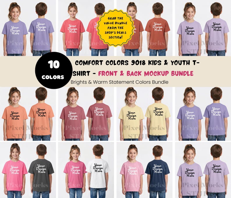 Butter Comfort Colors 9018 Youth Tshirt Front Back Mockup, CC9018 Girl ...