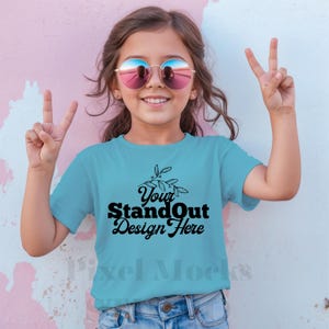 Comfort Colors 9018 Youth Lagoon Blue Tee Model Mockup, CC9018 Lagoon Blue T-Shirt Girl Model Mock-up, Trendy CC9018 Kids Shirt Model Mockup