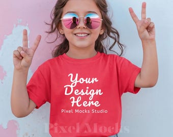 Comfort Colors 9018 Youth Red T-Shirt Mockup, Kids Comfort Colors Shirt, CC9018 Trendy Girl Outdoor Lifestyle Oversized Fit Kids Mock-up