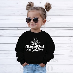 RABBIT SKINS 3317 Toddler Black Fleece Sweatshirt Mockup, Kids Crewneck Sweater Mockup, RS 3317 Sweatshirt Trendy Stylish girl model Mockup