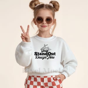Gildan 18000B White Mockup, Youth 18000B Crewneck Sweatshirt Trendy Model Mockups, G180 White Sweater Girl Mockup, Gildan Sweatshirt Mockup