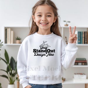 Gildan 18000B White Mockup, Youth 18000B Crewneck Sweatshirt Trendy Model Mockups, G180 White Sweater Girl Mockup, Gildan Sweatshirt Mockup