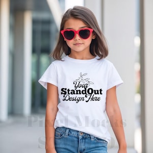 Natural Bella Canvas 3001Y Tshirt Mockup, Girl&#39;s Tee Modeled Mock-Up, Bella Canvas kids Beige T-Shirt Mockup, BC 3001Y Youth Trendy Mockup