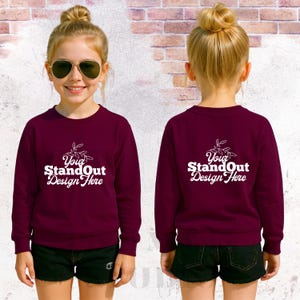 Kids Front & Back Gildan 18000B Youth Maroon Sweatshirt Mockup Model, G18000B Sweater Mock up Maroon POD Mockup, Trendy Dual Girl Mockup