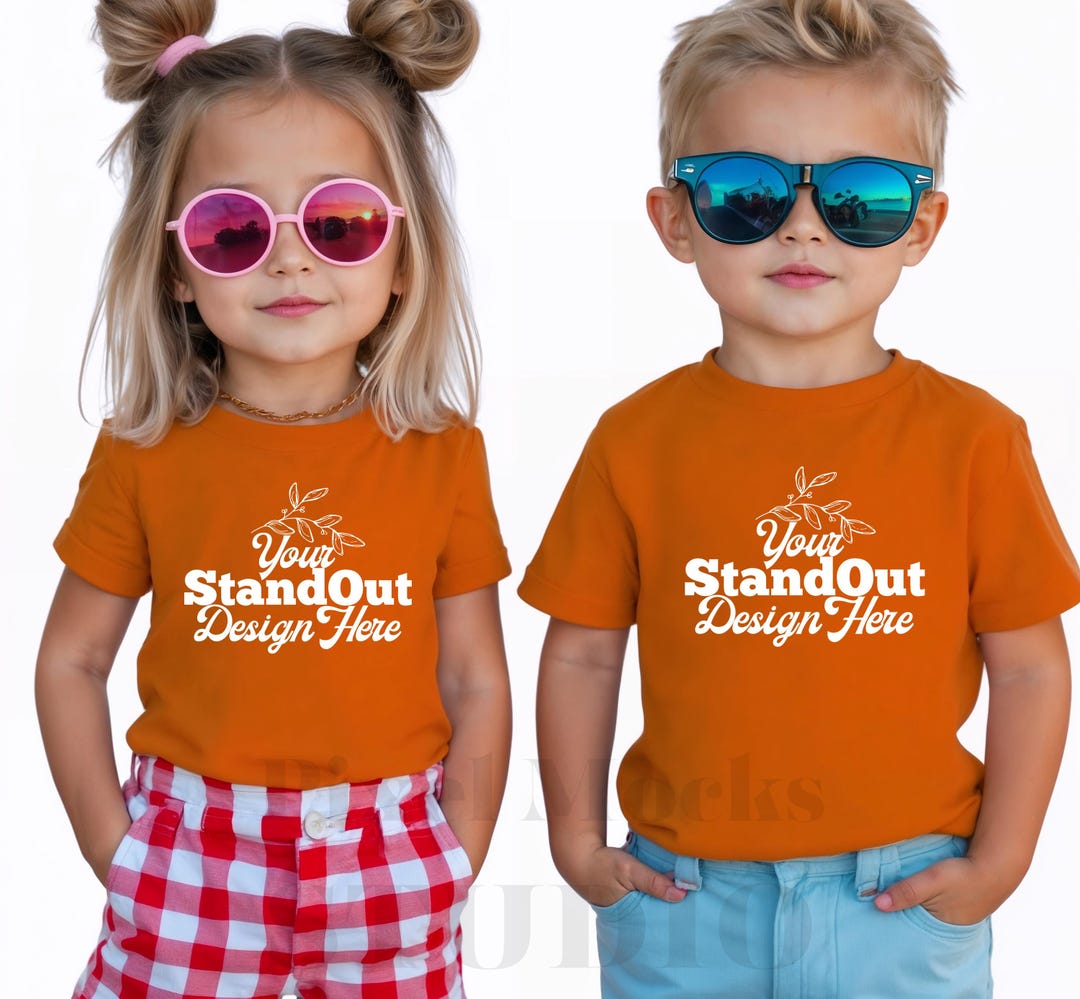 Orange Gildan 5000B Boy and Girl Group Tshirt Mockup, Orange G5000B ...