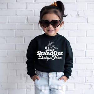 RABBIT SKINS 3317 Toddler Black Fleece Sweatshirt Mockup, Youth Crewneck Sweater Mockup Diverse Mockup RS 3317 Sweatshirt Kids Model Mockups