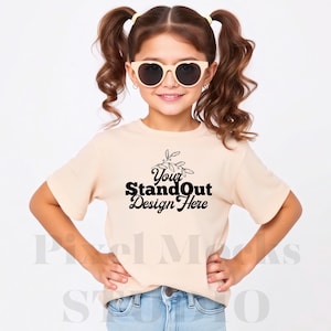 Natural Bella Canvas 3001Y Tshirt Mockup, Girl&#39;s Tee Modeled Mock-Up, Bella Canvas kids Beige T-Shirt Mockup, BC 3001Y Youth Trendy Mockup