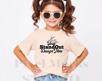Natural Bella Canvas 3001Y Tshirt Mockup, Girl's Tee Modeled Mock-Up, Bella Canvas kids Beige T-Shirt Mockup, BC 3001Y Youth Trendy Mockup