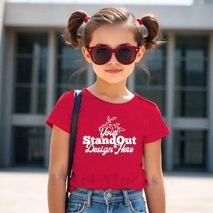 Red Bella Canvas 3001Y Tshirt Mockup, Girl&#39;s Tee Modeled Mock-Up, Bella Canvas kids Beige T-Shirt Mockup, BC 3001Y Youth Summer Mockup