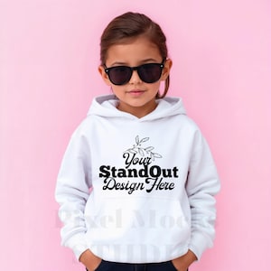 Gildan 18500B White Hoodie Mockup, Youth 18500B Hooded Sweatshirt girl Model Mock-up, Gildan 18500B Hoodie Neutral Styled Mockup