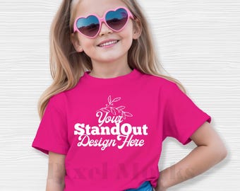 Maqueta de camiseta juvenil Comfort Colors 9018 Heliconia, maqueta de camiseta para niña CC9018, maqueta de camiseta minimalista simple CC9018 rosa fuerte para niña.