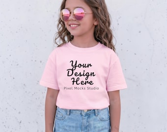Gildan 5000B Kids Light Pink T-Shirt Mockup, G5000B Youth Shirt Summer Outdoor Lifestyle Trendy Girl Model JPG POD Apparel Shirt Mock-up