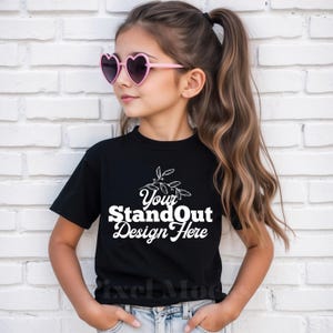 Black Gildan 5000B Tshirt Mockup, Girl&#39;s Tee Modeled Mock-Up, Gildan 5000B kids Black T-Shirt Mockup, 5000B Youth Trendy Mockup