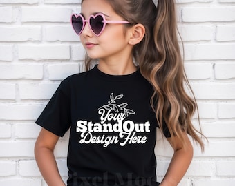Black Gildan 5000B Tshirt Mockup, Girl's Tee Modeled Mock-Up, Gildan 5000B kids Black T-Shirt Mockup, 5000B Youth Trendy Mockup