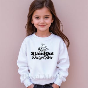 Gildan 18000B White Mockup, Youth 18000B Crewneck Sweatshirt Trendy Model Mockups, G180 White Sweater Girl Mockup, Gildan Sweatshirt Mockup