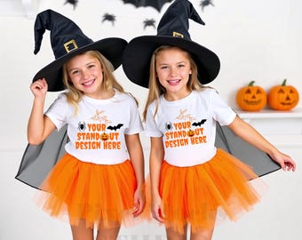 White Halloween group Tshirt Mockup, Gildan White kids Youth Group Tee Model Mock-Up, Casual Styled Fall Trendy Halloween Aesthetic Tshirt