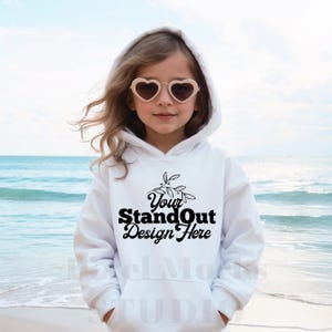 Gildan 18500B White Hoodie Mockup, Youth 18500B Hooded Sweatshirt girl Model Mock-up, Gildan 18500B Hoodie Neutral Styled Mockup